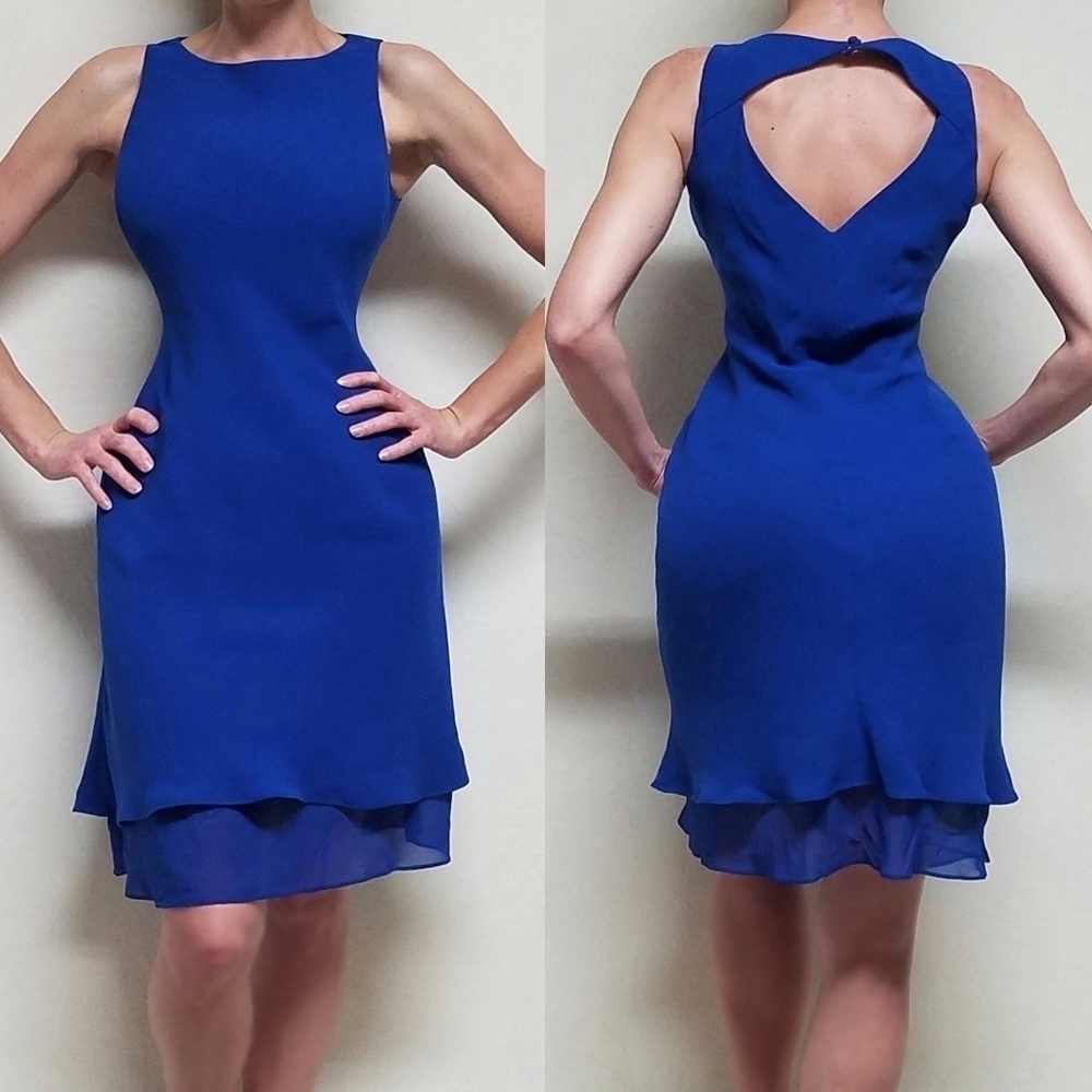JWD Vintage 90s Royal Blue Chiffon Layered Cut-out Peek-a-boo Back Mini Dress 6